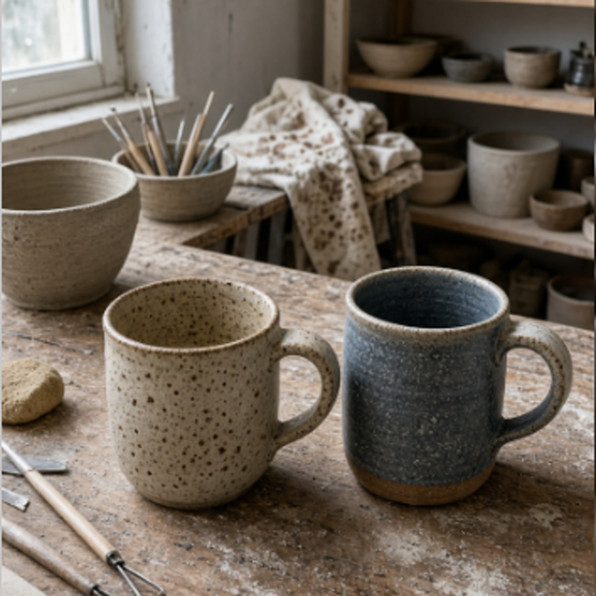 Two ceramic mugs sitting on a rustic wooden table in a creative studio
