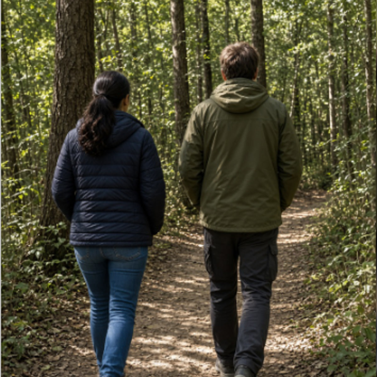 Two people walking along a scenic green hiking trail outdoors during daytime