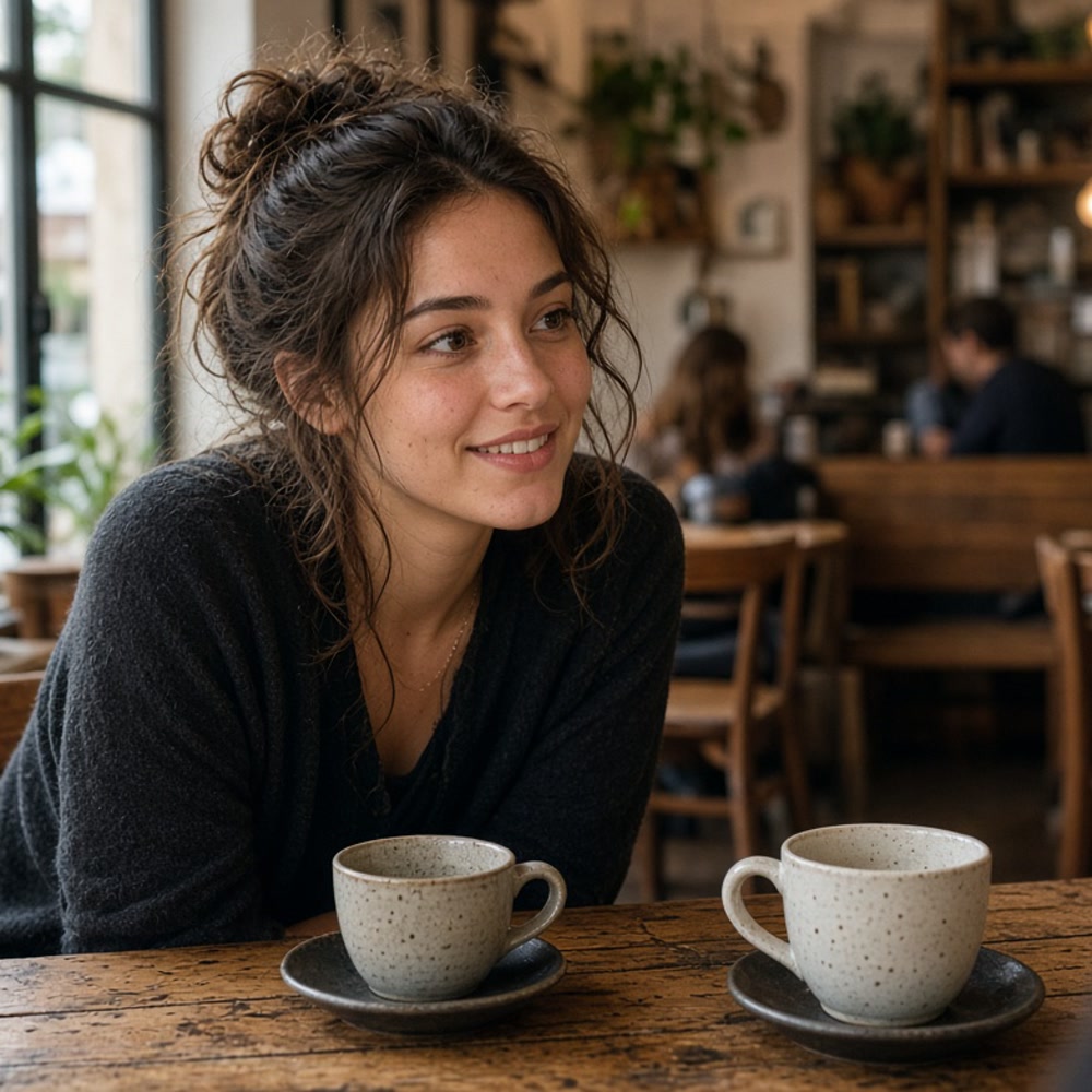 Two people exchanging a warm greeting across a table in a cozy setting