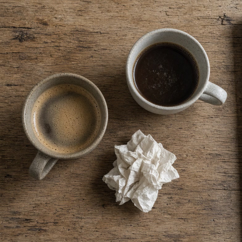 Top down view of two ceramic coffee mugs resting on a wooden table surface