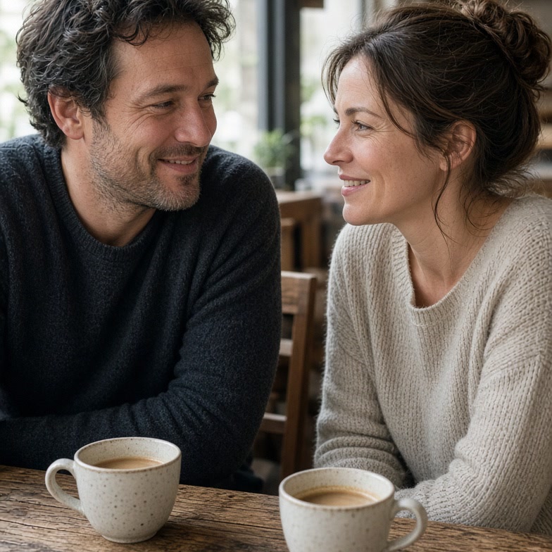 Two people smiling and enjoying each other's company across a cozy cafe table