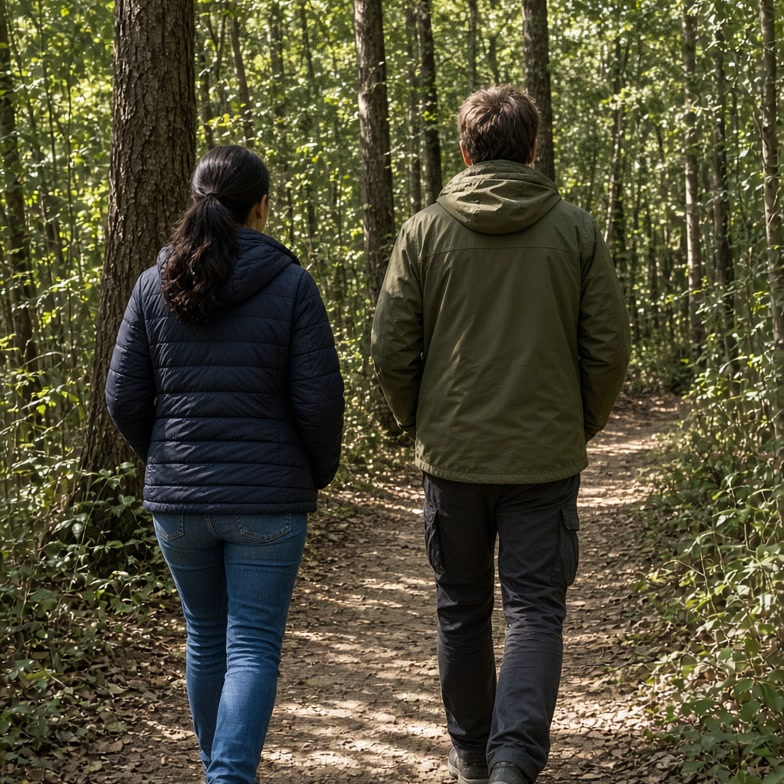 Person taking a calm and relaxed walk along a sunny green park path