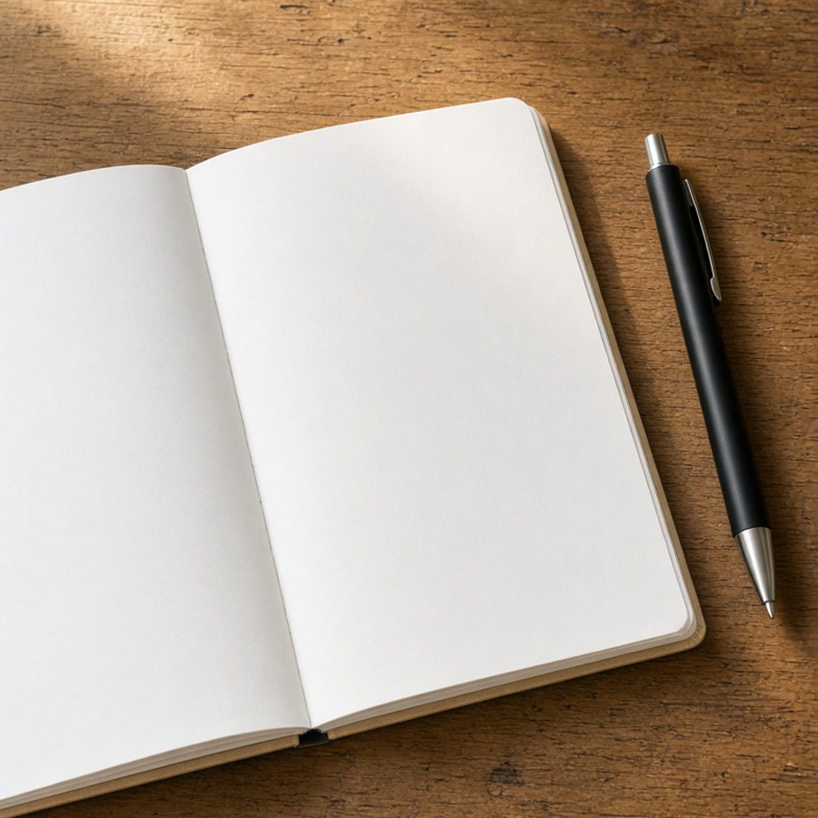 Open notebook with a pen resting on a wooden table surface under warm light