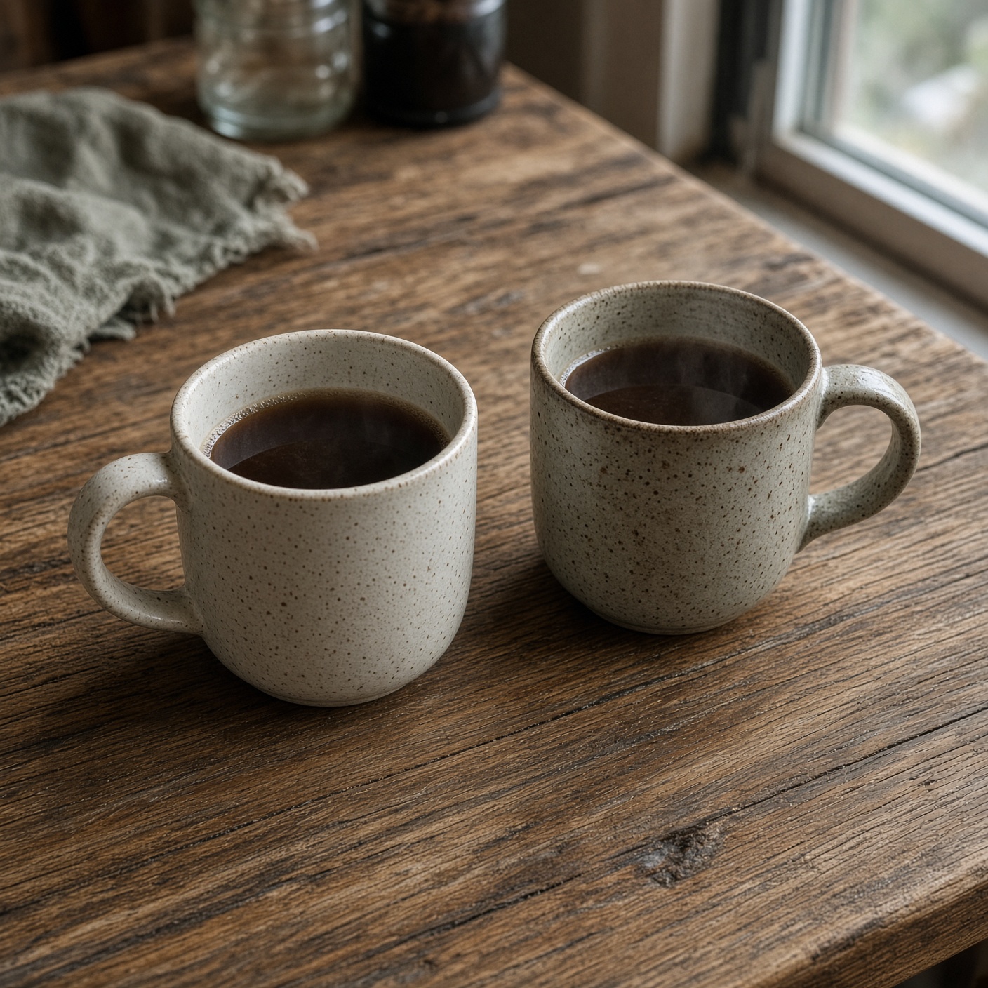 Two ceramic coffee mugs resting on a wooden table during a casual gathering