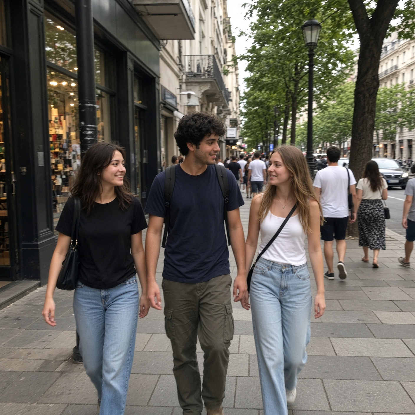 People walking together along a lively city sidewalk in casual afternoon attire