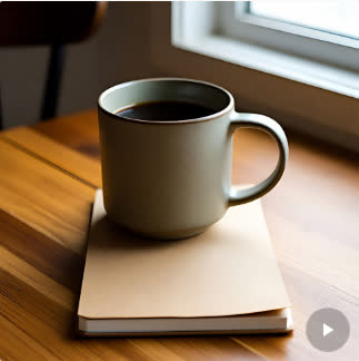 Ceramic coffee cup beside a notebook on a wooden desk