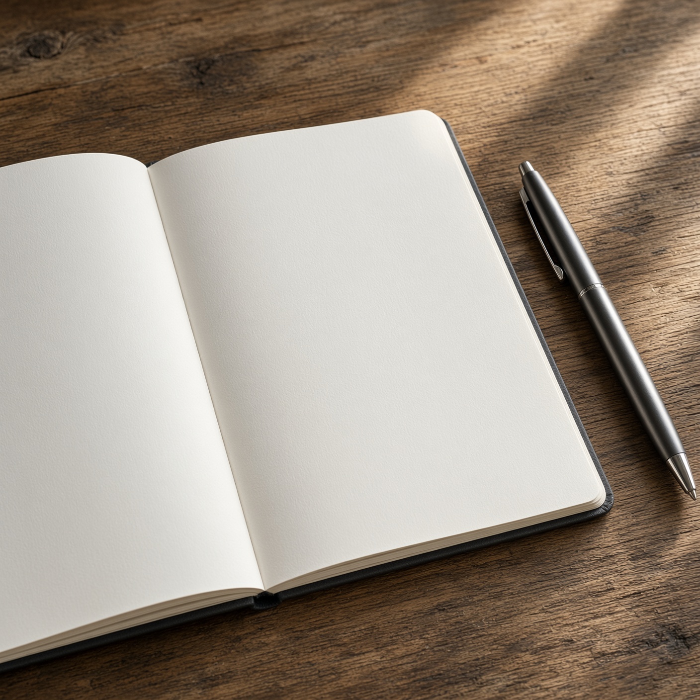 Close up of an open journal notebook with a pen on a wooden table