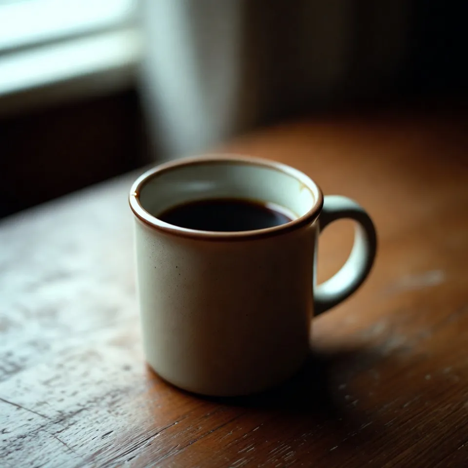 Ceramic coffee cup on a wooden desk next to a notebook