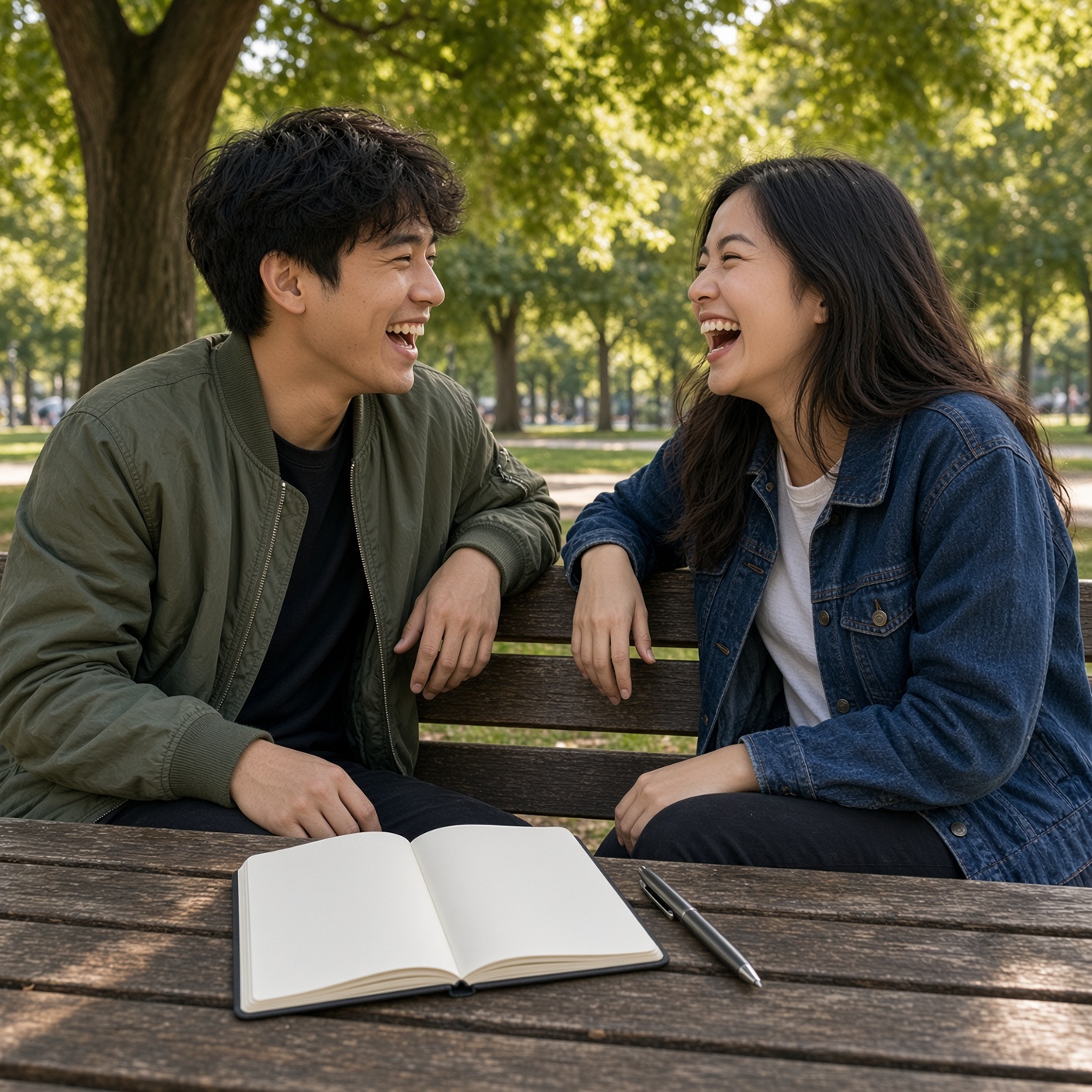 Couple sharing a lighthearted moment laughing together while sitting on an outdoor park bench