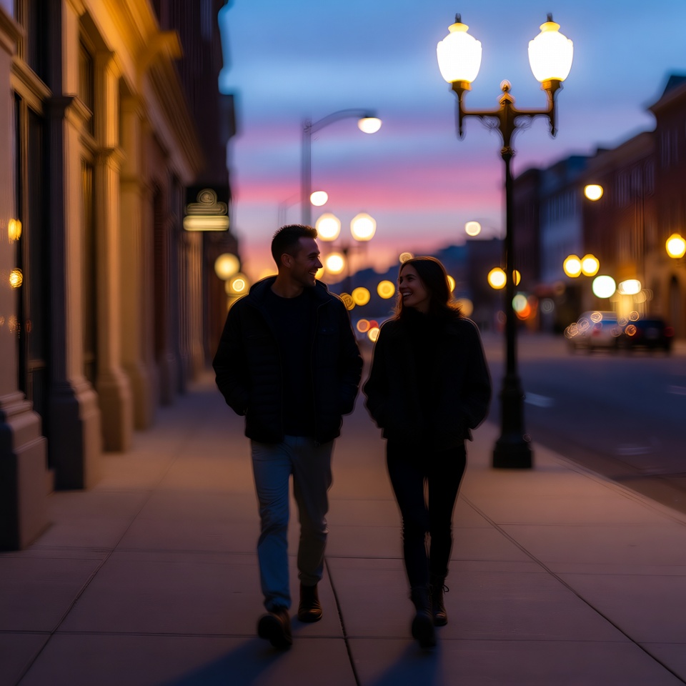 Couple walking close together along an evening city sidewalk chatting happily