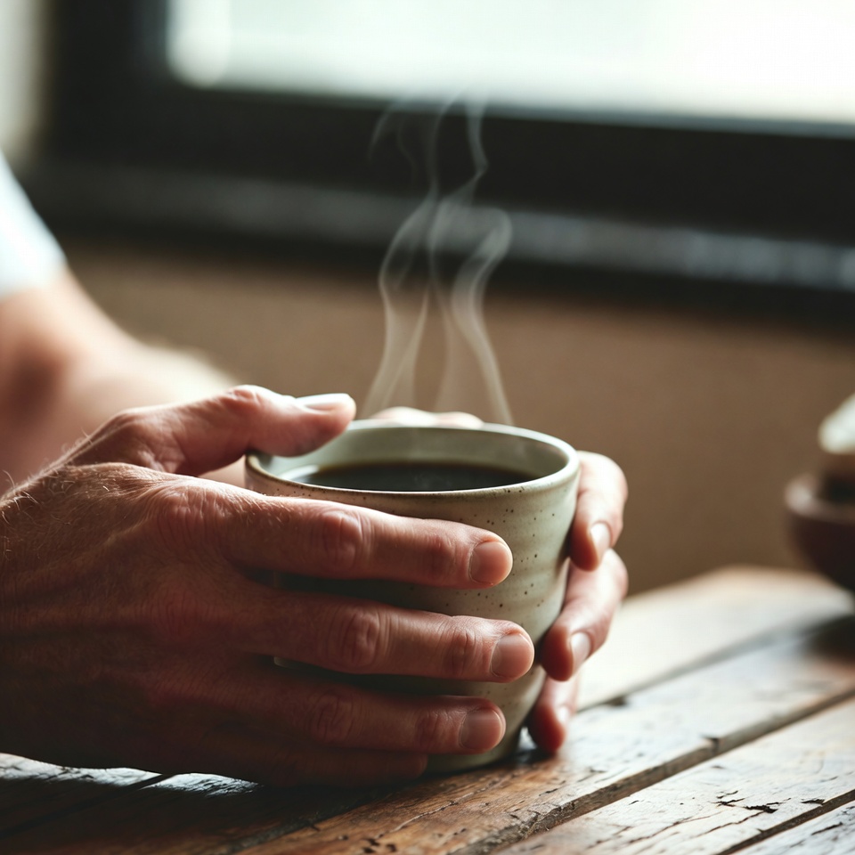 Close up of hands holding a warm mug of tea on a cozy afternoon