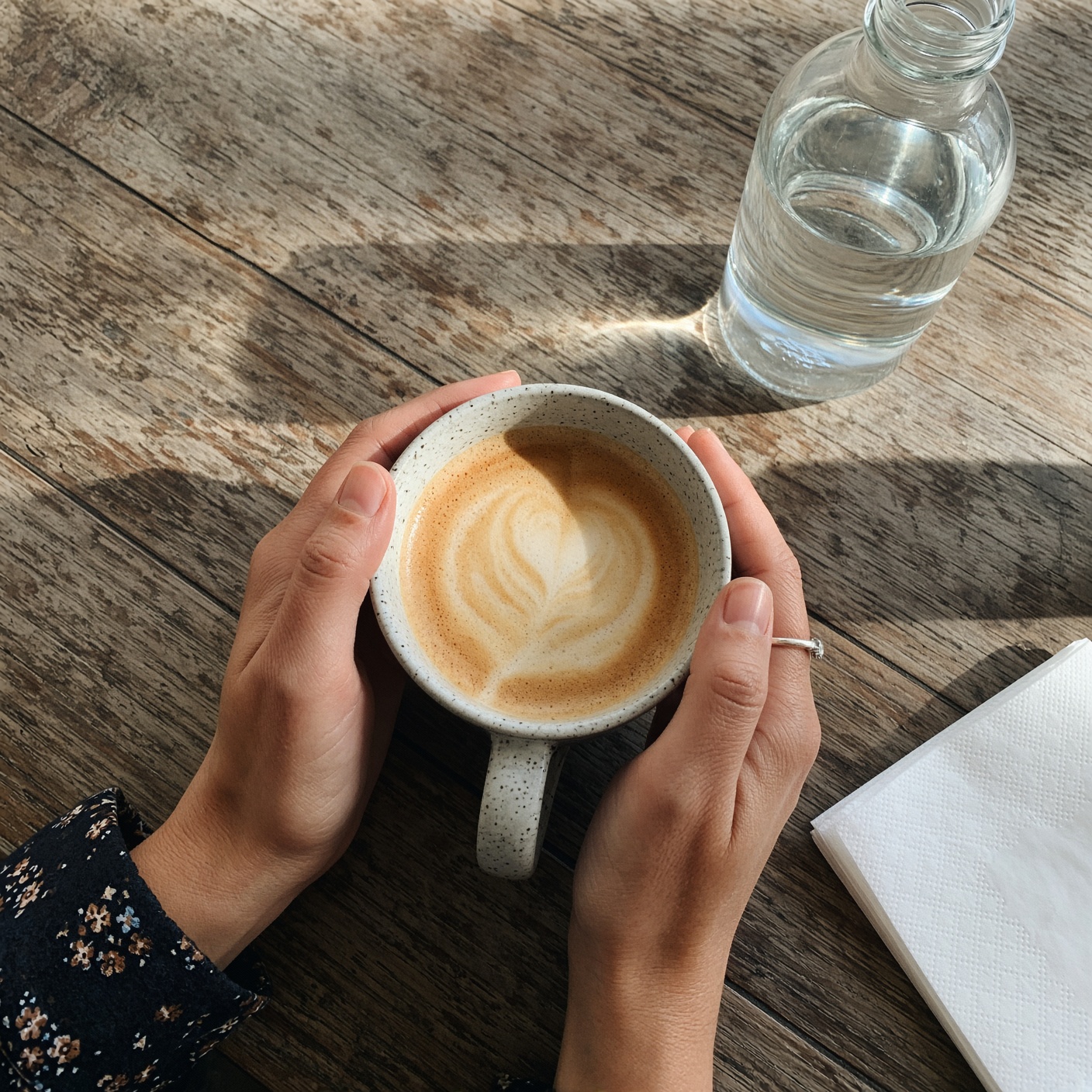 hands holding warm latte cafe table