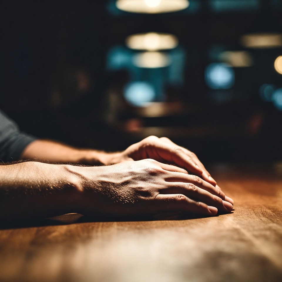 Relaxed hands resting on a rustic wooden table under warm ambient lighting