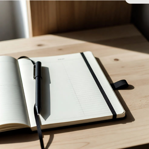 Minimalist desk setup with an open daily planner and a pen