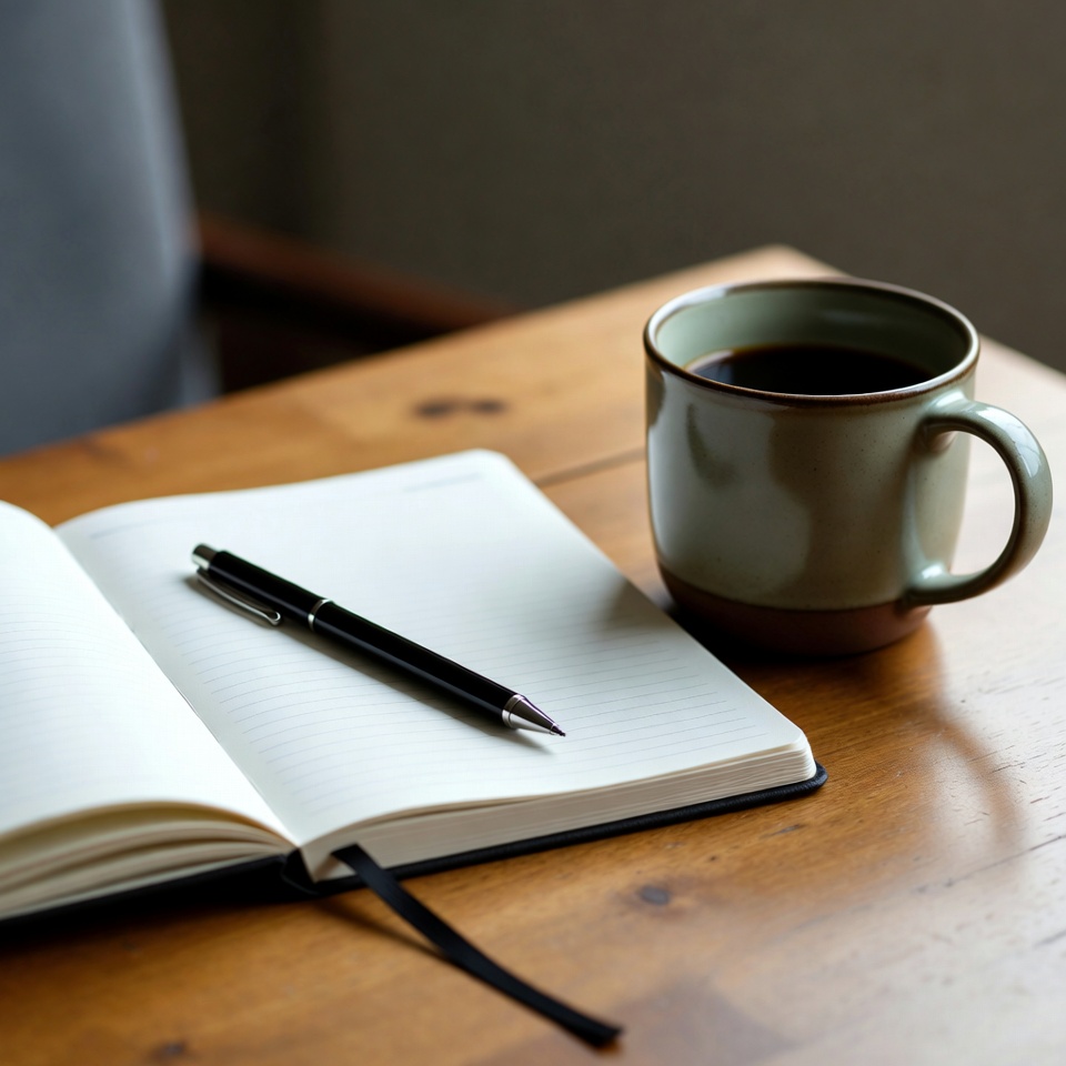 An open journal notebook next to a ceramic coffee mug on a rustic wooden table