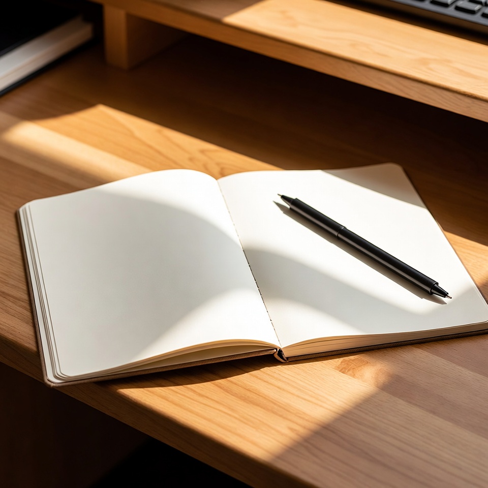 Open notebook with handwritten notes resting on a clean wooden desk next to a pen