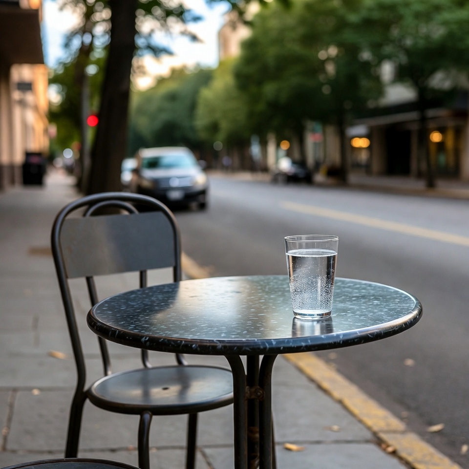 Small outdoor cafe table set on a sunny city sidewalk during the afternoon