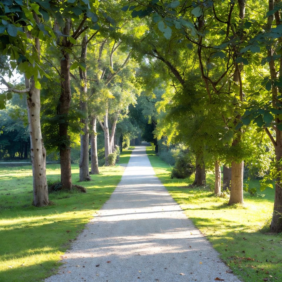 Peaceful solo walk along a sunlit green nature trail path
