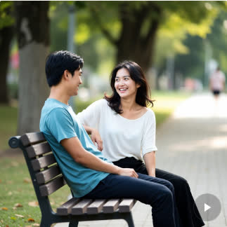 Two people smiling and sharing an authentic conversation on a park bench