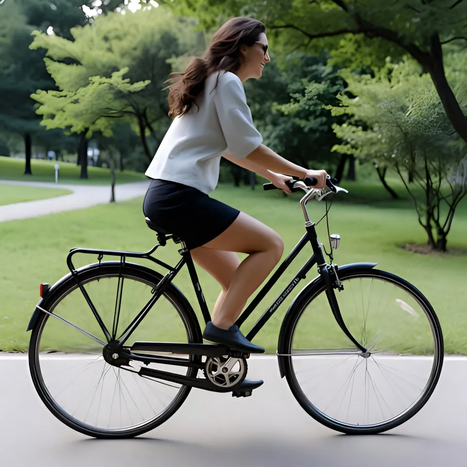 A person cycling happily along an outdoor park path during a sunny afternoon