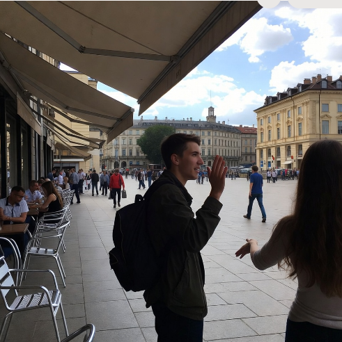 Two people meeting safely in a busy sunlit public city plaza