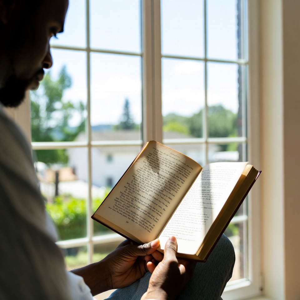 Person reading a book by a bright window during a quiet afternoon