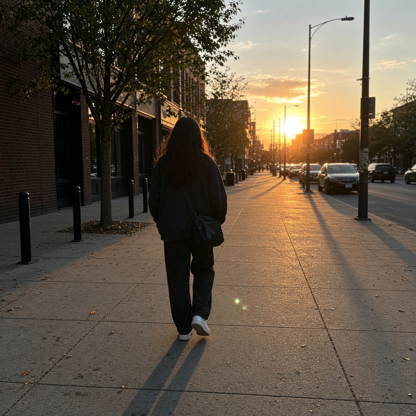 person walking alone sunset city