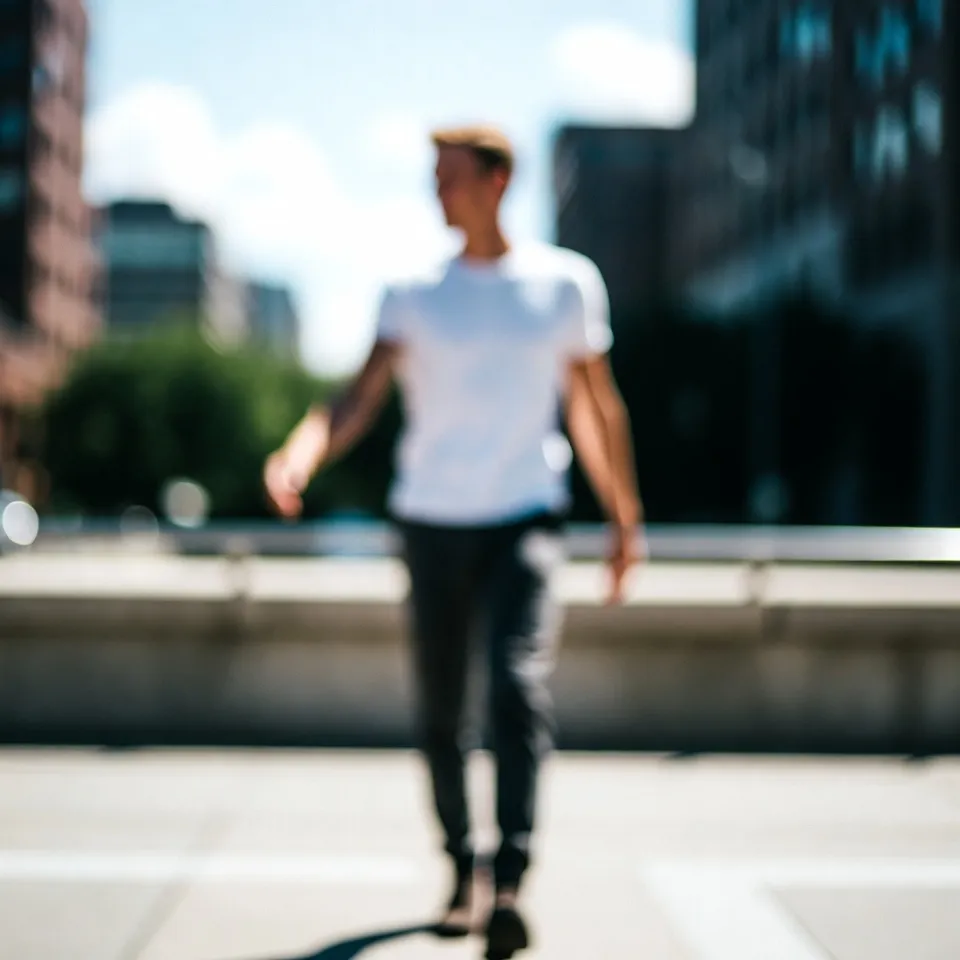 A person walking with a relaxed, confident stride along a sunny city sidewalk