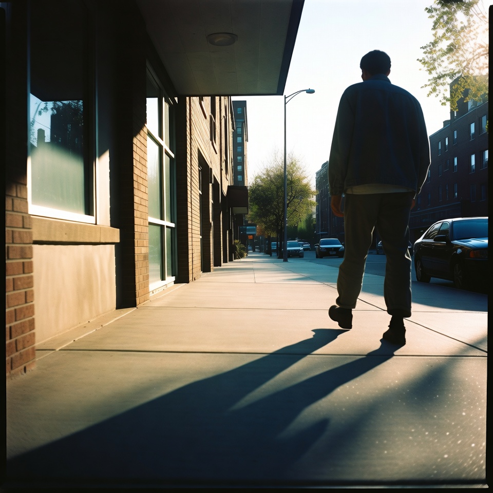 Person walking down a quiet residential city street in late afternoon daylight