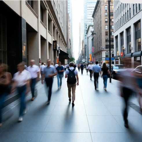 Person walking confidently down a lively city street during daytime