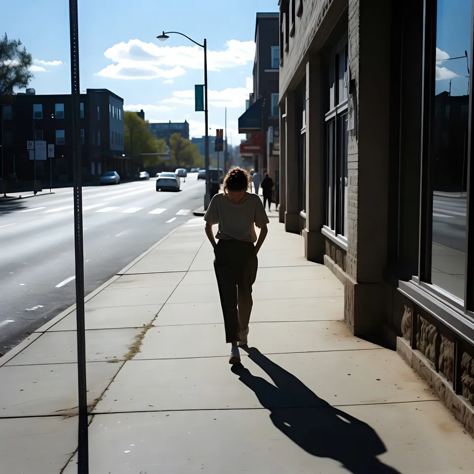 Person walking along a sunny city sidewalk during afternoon daylight