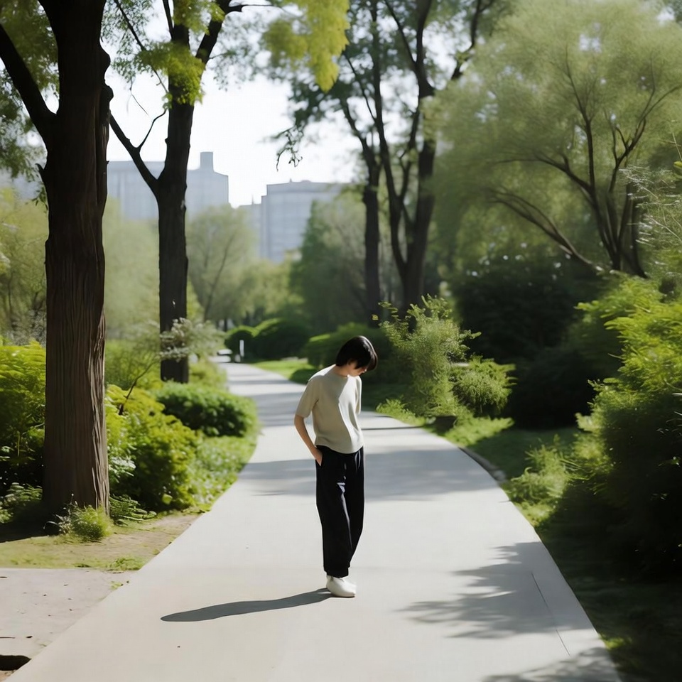 Person taking a reflective walk along a quiet city park path in the afternoon