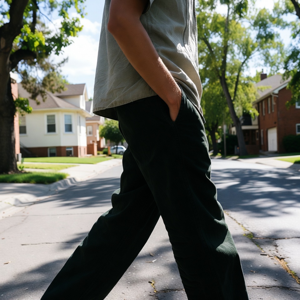 Person taking an unhurried walk down a quiet residential sidewalk