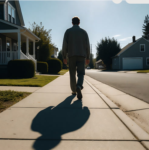 Person taking a peaceful walk along a quiet residential neighborhood sidewalk