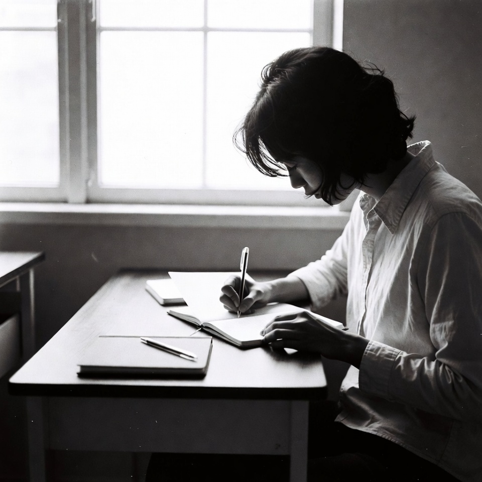 Person writing notes in a personal journal on a sunlit wooden desk