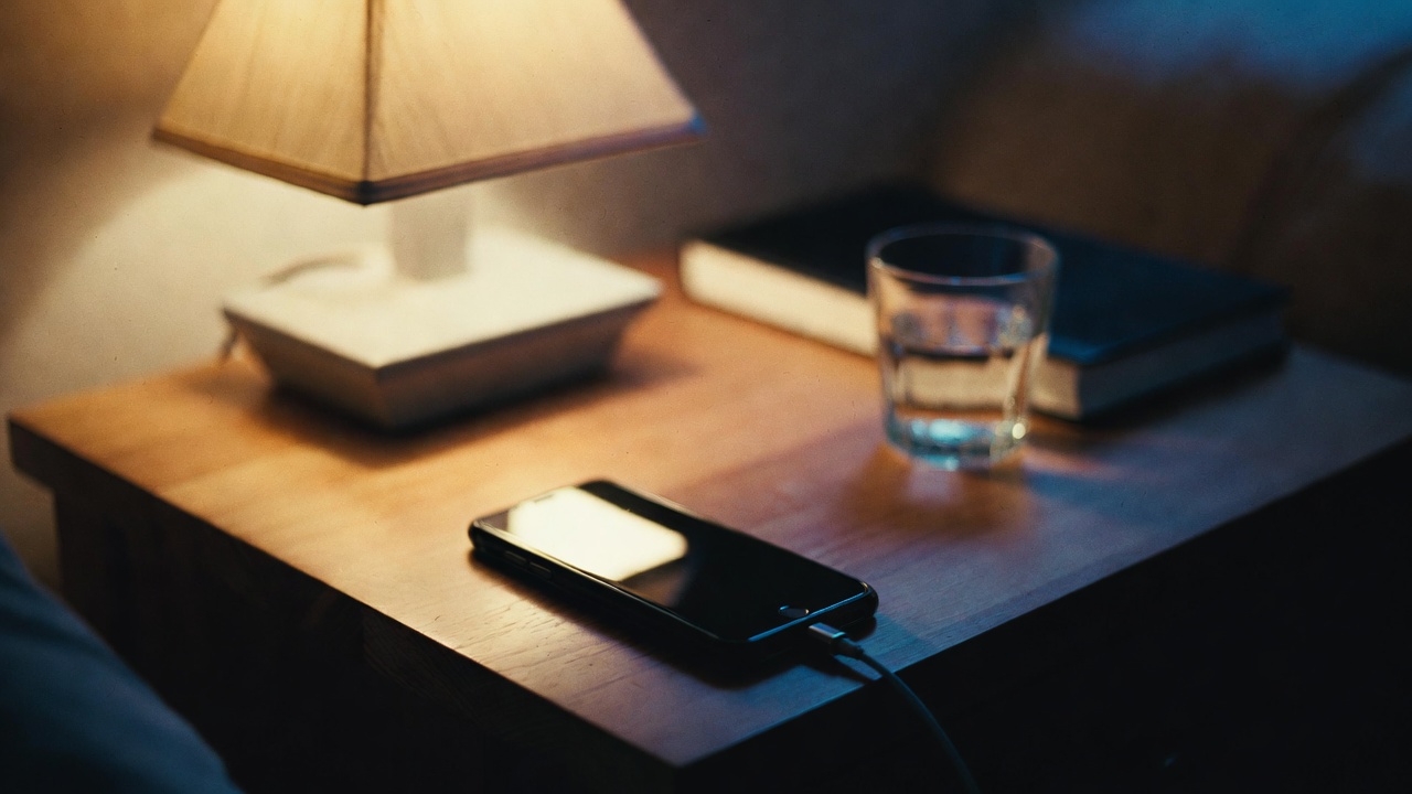 phone lying on nightstand charging