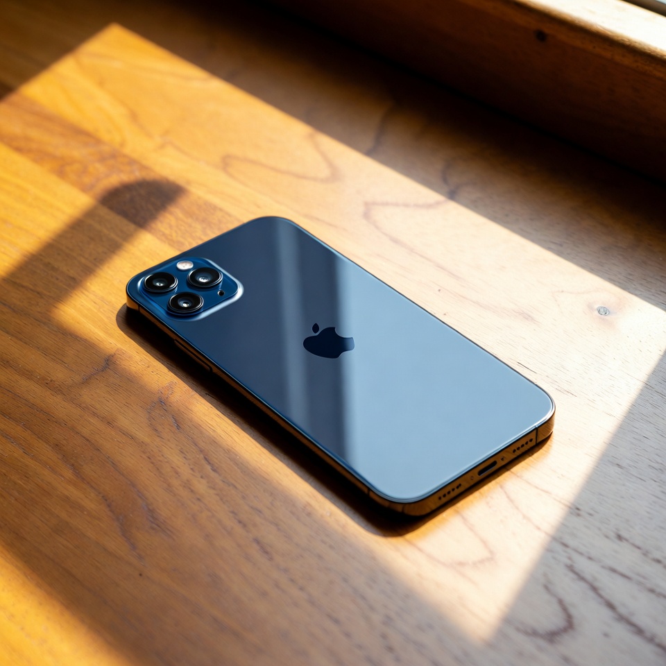Modern smartphone lying face down on a clean wooden table surface