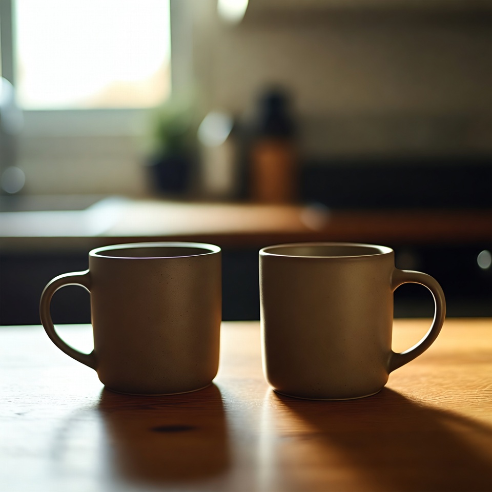 Two ceramic mugs resting side-by-side on a wooden kitchen counter