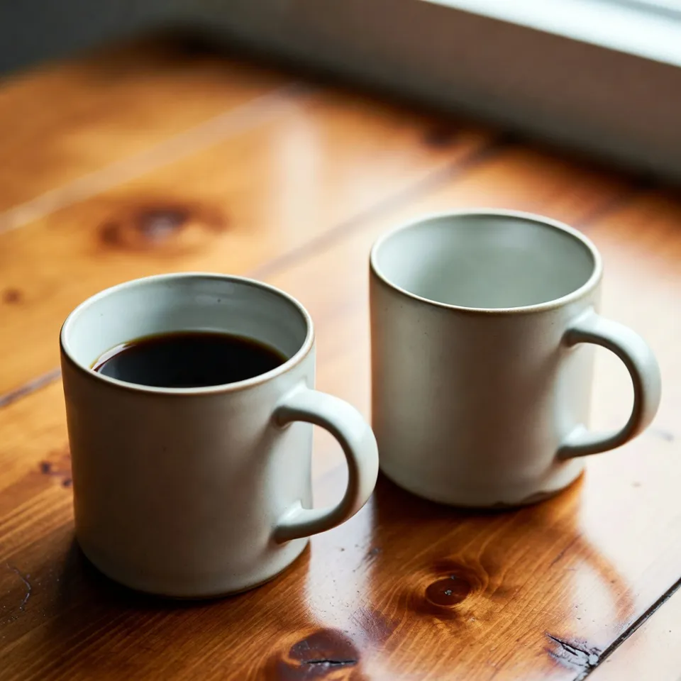 Two ceramic coffee mugs resting on a wooden table under soft daylight