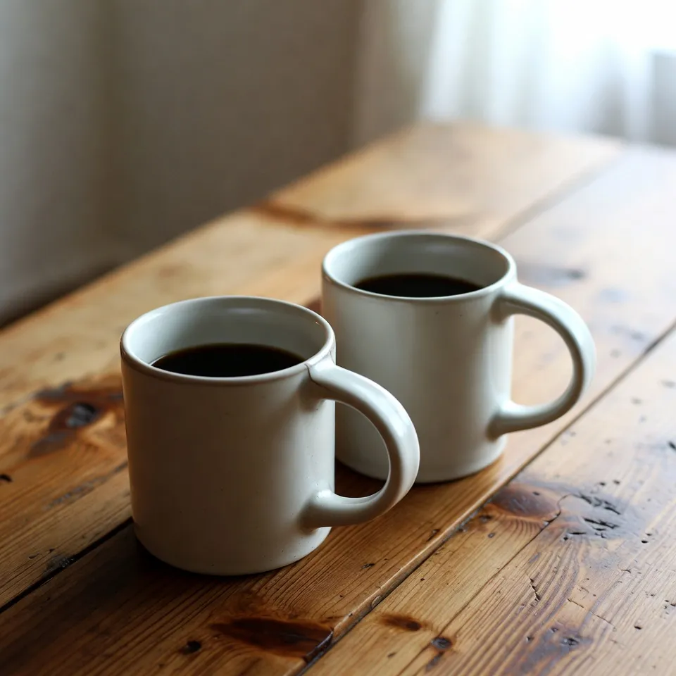 Two ceramic coffee mugs resting on a wooden table under soft daylight
