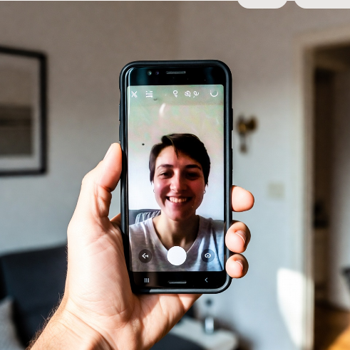 Close up of someone holding a smartphone during a quick casual video call