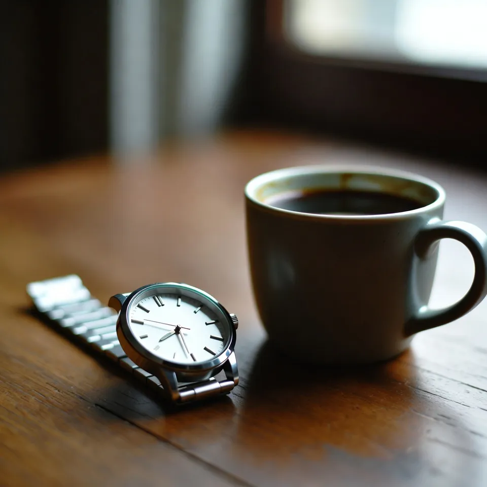 A classic wristwatch resting next to a ceramic coffee cup on a wooden table